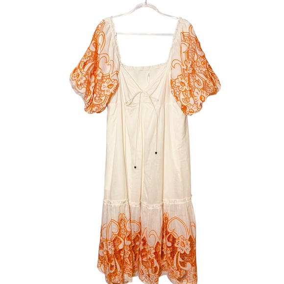Anthropologie Tina Puff-Sleeved Orange Embroidered on Cream/Ivory Maxi Dress - Picture 4 of 8
